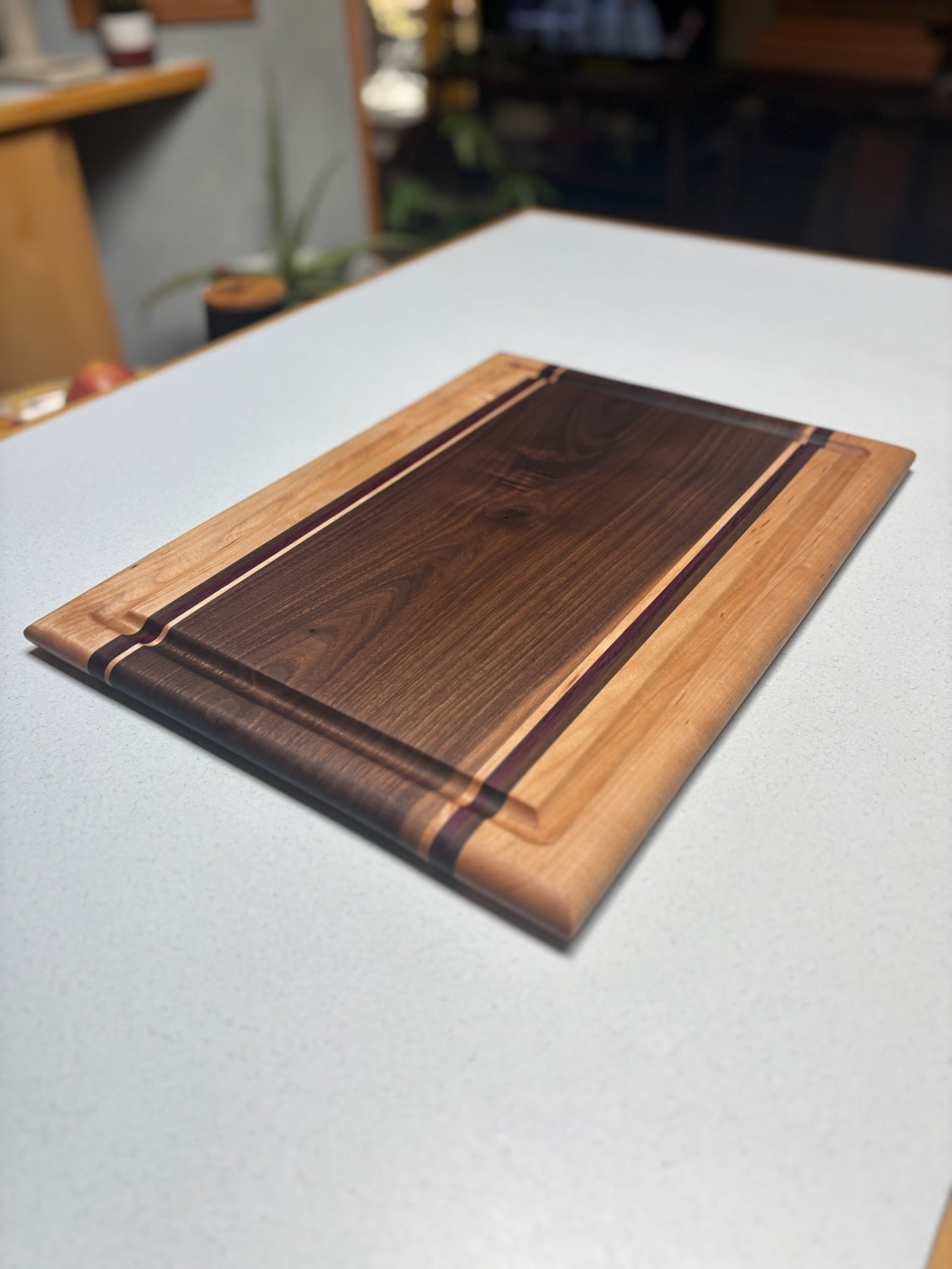 Medium Cutting Board- Black Walnut, White Maple with Purple heart Accents