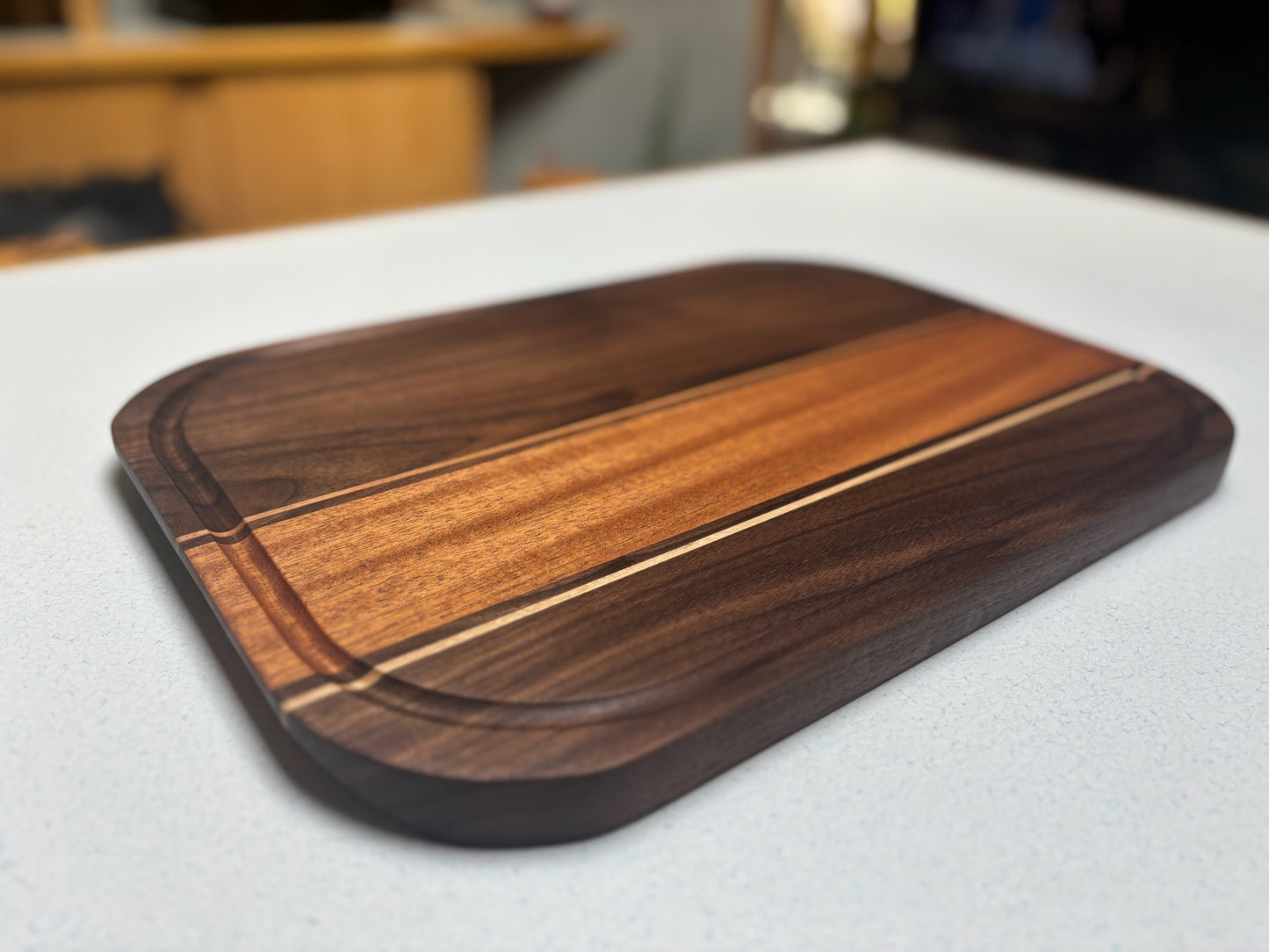 Medium Cutting Board- Black Walnut, African Mahogany with White Maple Accents